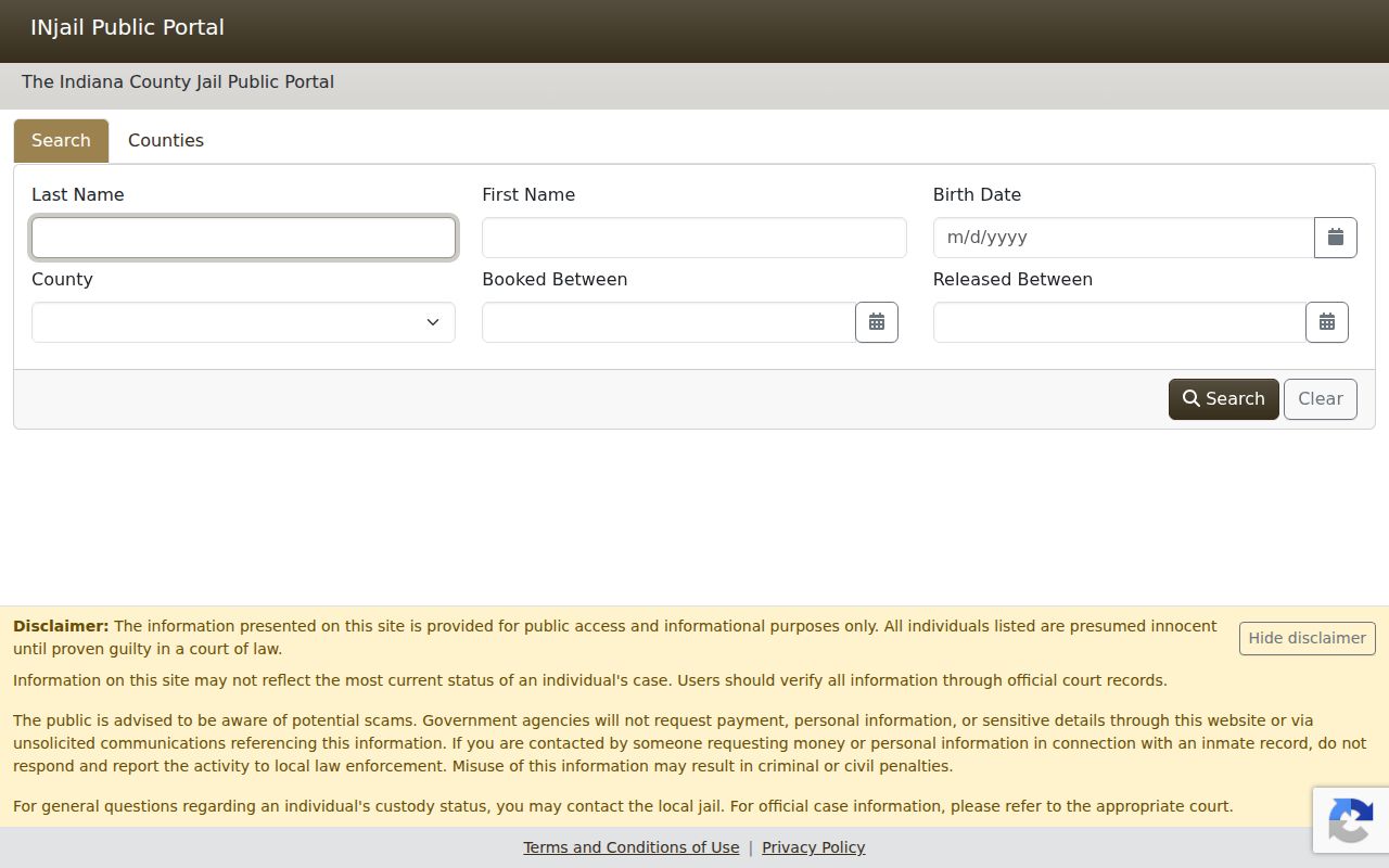 Wabash County jail roster research using the official INjail interface